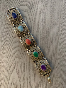 Gothic Regalia, Mid Century Sarah Cov Ornate Bracelet with Jewel tone Cabochons