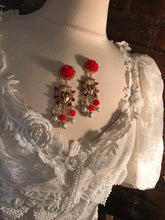 Load image into Gallery viewer, Sicily Red Camellia Flower Golden Heart &amp; Creamy Pearl Earrings ,Frida Kahlo Style