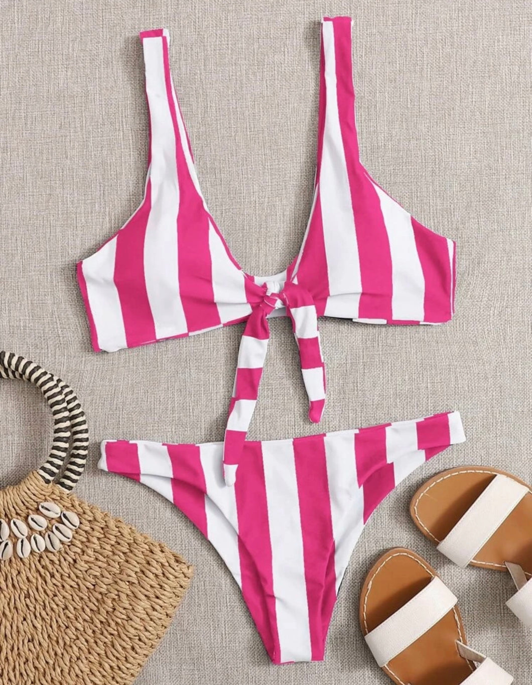 Hot Pink and White Striped Front Tie Bikini