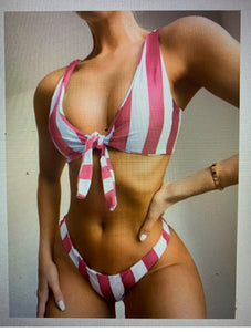 Hot Pink and White Striped Front Tie Bikini