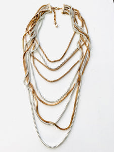 Dramatic White Enamel and Golden Disco Statement Necklace, 9 Cascading Sexy Slinky Chains complete any Retro 90s Glam Fashion!