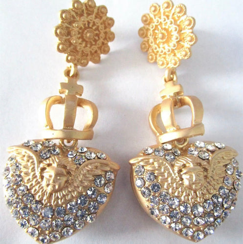 Matte Golden Cherub Angel Heart Ice Crystal Earrings!