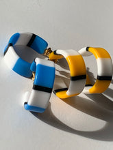 Load image into Gallery viewer, Vintage Mod Striped Hoops, 80s New Wave Earrings, 2 pairs Yellow and Blue