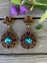 Load image into Gallery viewer, Regal Aqua Blue Gem Gothic Statement Earrings with a Rainbow of Jewel Tone Rhinestone accents