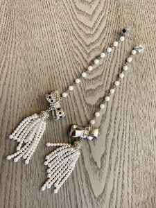 9 Inches Shoulder Dusters! Faux Pearl with Tassels and Silver tone Bows with Rhinestones