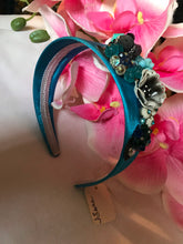 Load image into Gallery viewer, Bright Aqua Silky Satin Floral Head Band by Luna Vintage Designs