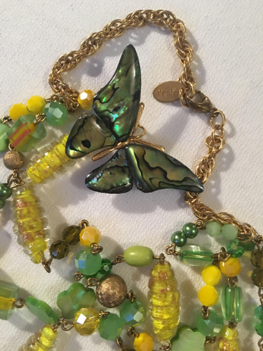 GAY ISBER Canary Yellow Copper Fluss Art Glass Abalone Butterfly Necklace