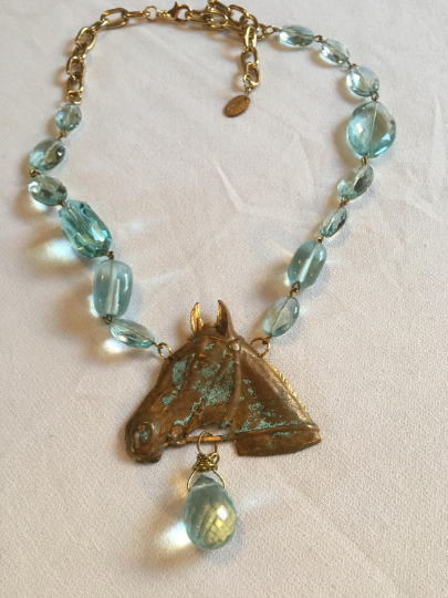 One of a Kind GAY ISBER Aqua Crystal Horse Head Statement Necklace